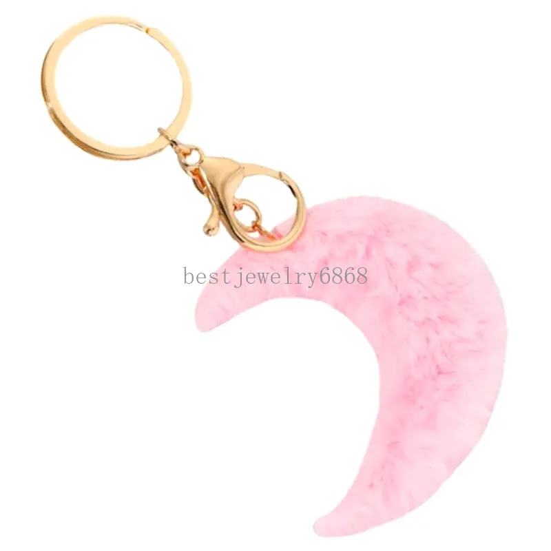 Chaveiros de pompom em forma de lua, chaveiros femininos de pele sintética com pingente de bolas de cabelo, porta-chaves, enfeites pendurados, decorações