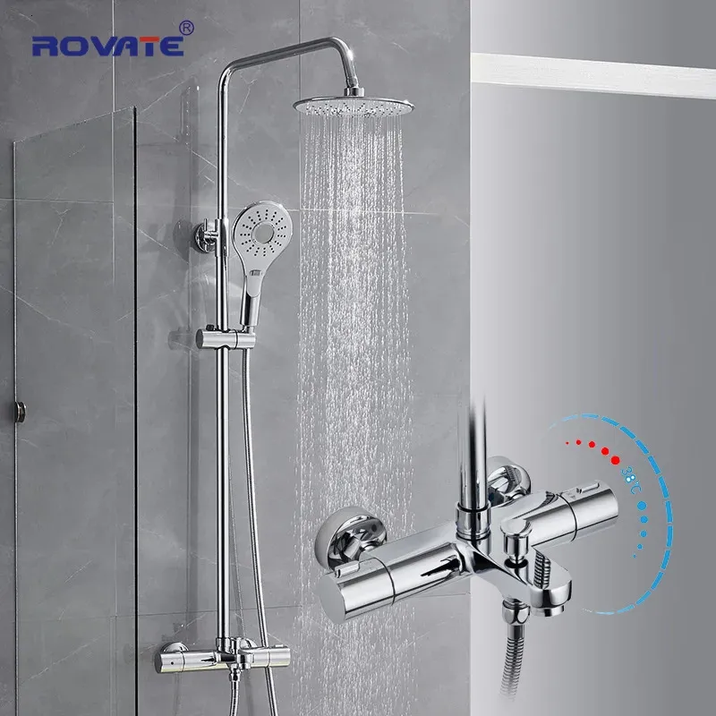 ROVate Thermostatyczne systemy prysznicowe z deszczem i regulowanym ręcznym zestawem prysznicowym.