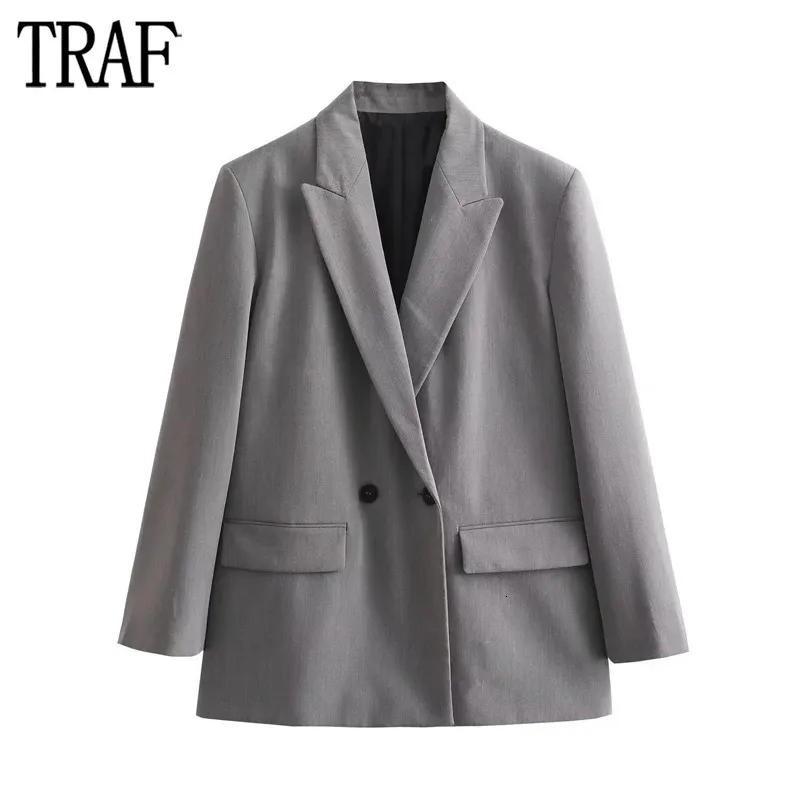TRAF gris surdimensionné Long Blazer femmes Double boutonnage Blazers pour automne bureau veste masculine femme 240108