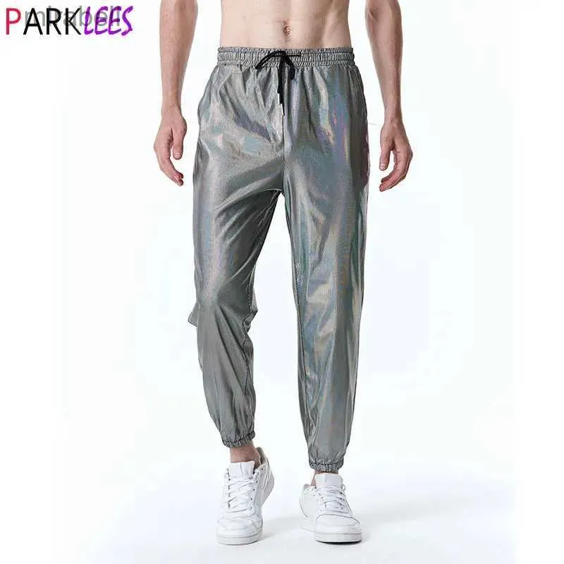 Men's Pants Mens Silver Laser Glitter Jogger Sweatpants Causal 70s Disco Dance Party Pants Men Stage Prom Halloween Cosplay Trousers Male YQ240108