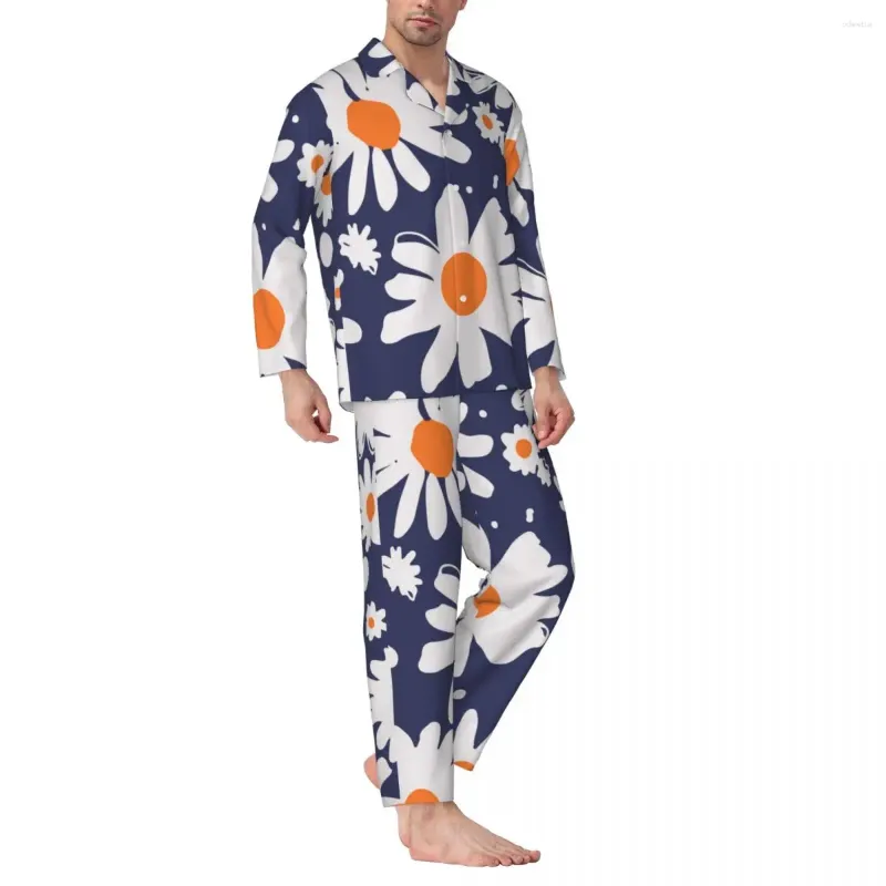 Masculino sleepwear margaridas branco azul pijama homem abstrato flores design confortável nightwear outono 2 peça retro oversized gráfico pijama