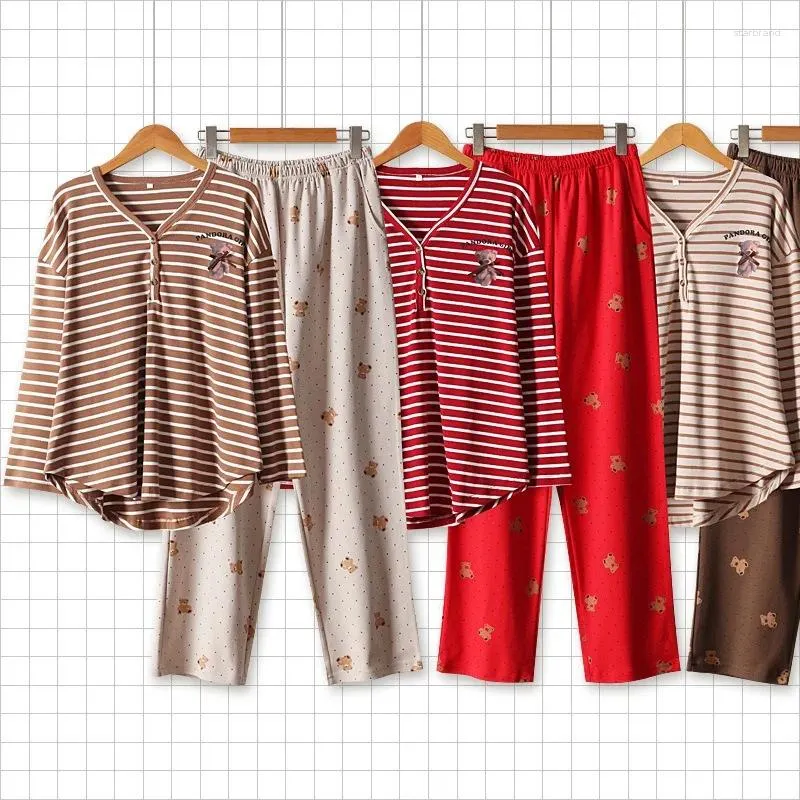 Womens Sleepwear Internet Celebrity Sweet Striped Bear Cotton Pajamas Long Sleeves Trousers Loungewear Loose Casual Autumn And Winter From Starbrand 27.15 DHgate.Com