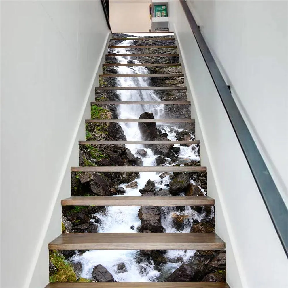 Stickers 13pcs/set DIY 3D Waterfall Stair Stickers Waterproof Removable Self adhesive Wall Floor Decals Mural Sticker Home Decor Stairway