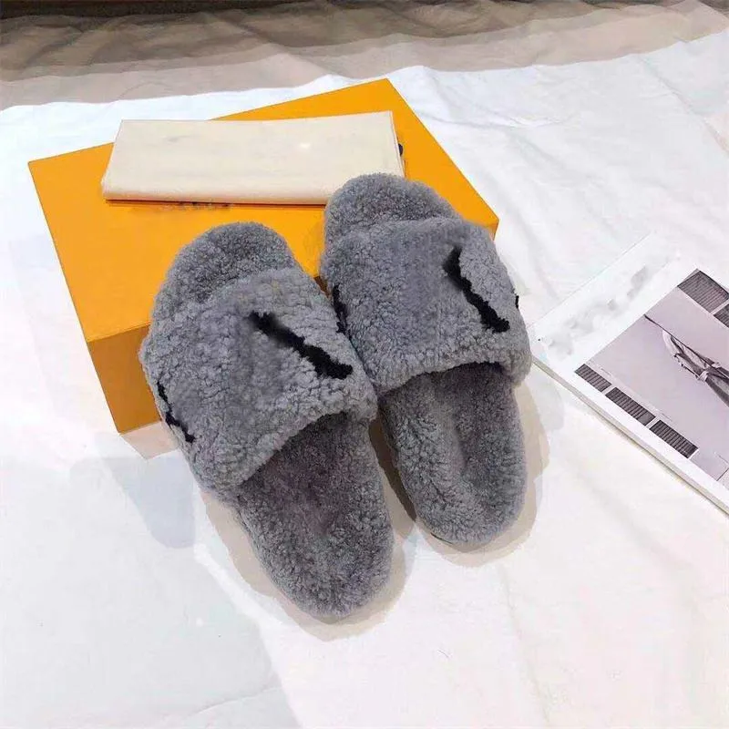 Designer Luxury Bom Dia Paso Lamb Fur Shearling Grey Flat Sandals Mules Red Ladies Cotton Slipper With Box