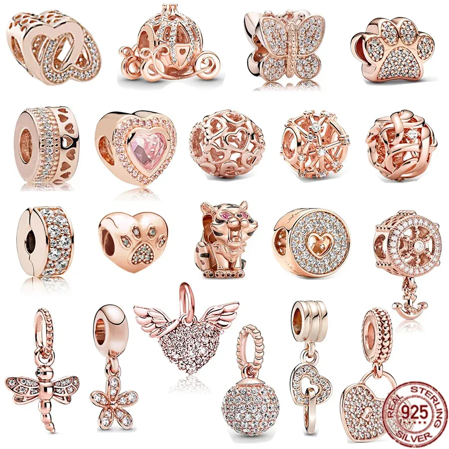 925 argent plaqué or rose imprimé griffe scintillante et perles de charme papillon adaptées aux bracelets PAN, cadeaux de bijoux, livraison gratuite