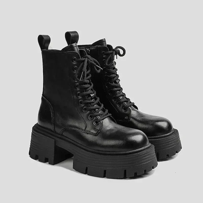 Inverno tornozelo rendas até chelsea botas femininas motocicleta dedo do pé redondo sapatos grossos goth quente causal punk chaussure femme 240108