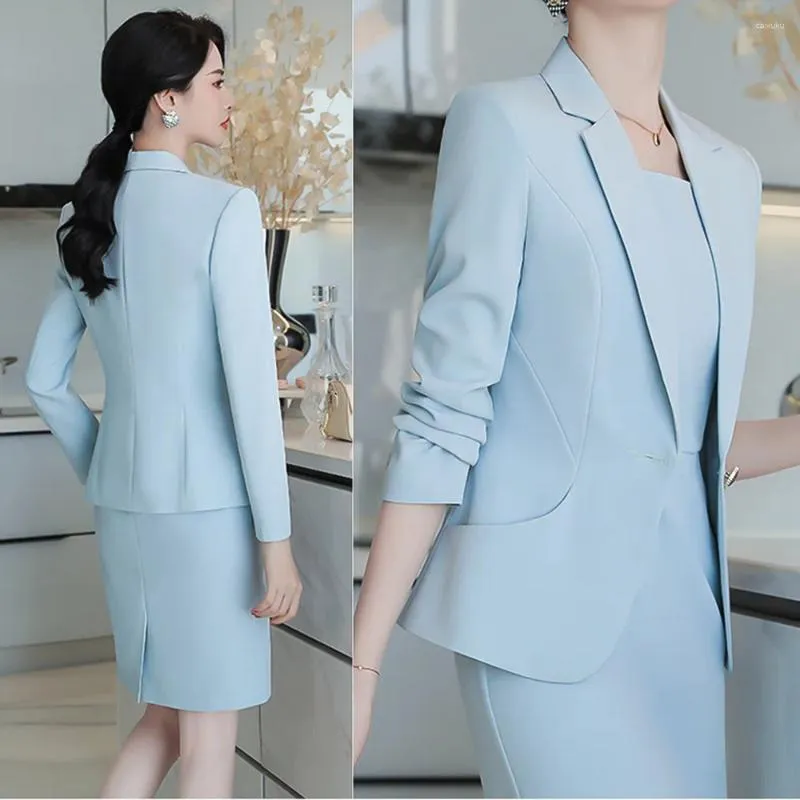 Arbetsklänningar Izicfly Spring Summer Style Elegant Office Wear for Women Jacka Business Uniforms Blazer Formell tillfälle Klänning Set-Blue