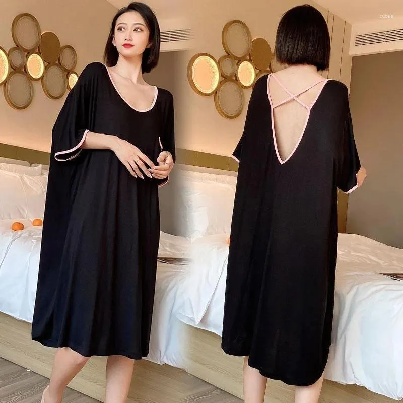 Women's Sleepwear Nightdress 150kg Female Summertime Thin Sexy Backless Dress Mid-length Pajamas Loungewear Maternity Night Women