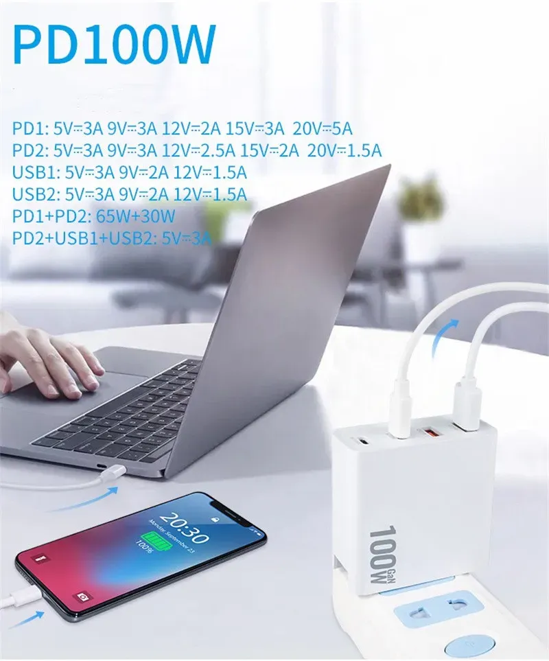 Cell Phone Chargers US EU AU UK  100W USB Type C PD Fast  with Quick Charge 4.0 3.0 USB Phone  For MacBook Laptop Smartphone with box