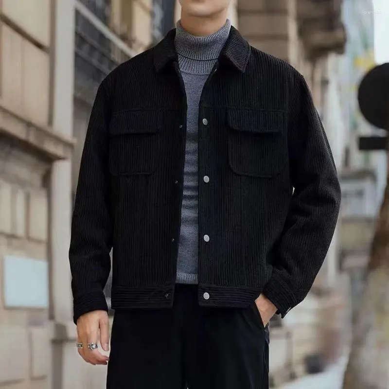 Men's Jackets Corduroy Jacket For Jeans Casual Solid Color Cardigan With Turn-down Collar Pockets Fall Winter Loose Warm