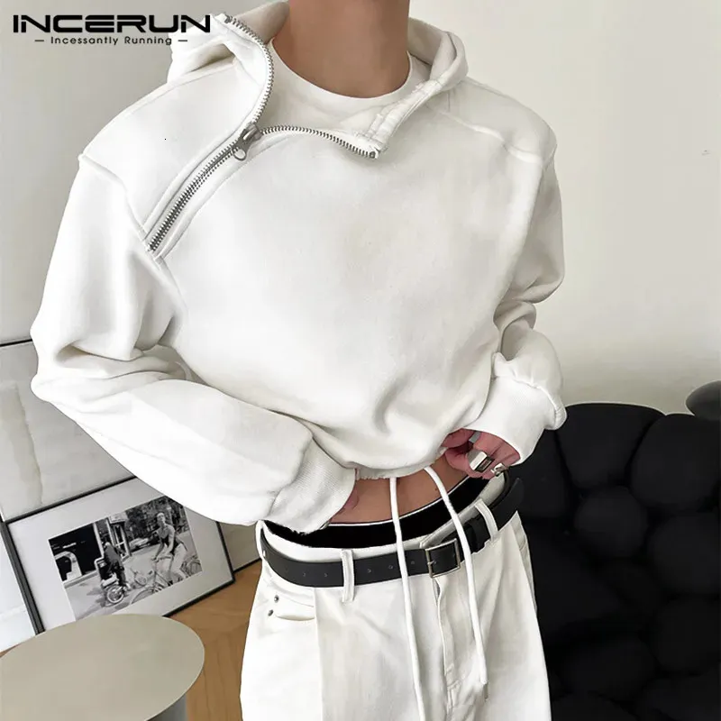 Mode Mannen Hoodies Effen Kleur Rits Capuchon Lange Mouw Casual Sweatshirts Persoonlijkheid Streetwear Crop Tops S-5XL INCERUN 240108