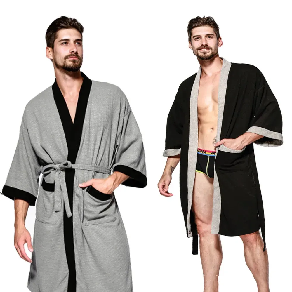 Bomull Waffle Men Kimono Bathrobe Gown Sleepwear Par Black Robe Nightwear Loose Casual Sauna Yukata Spring Summer Home Wear 240108