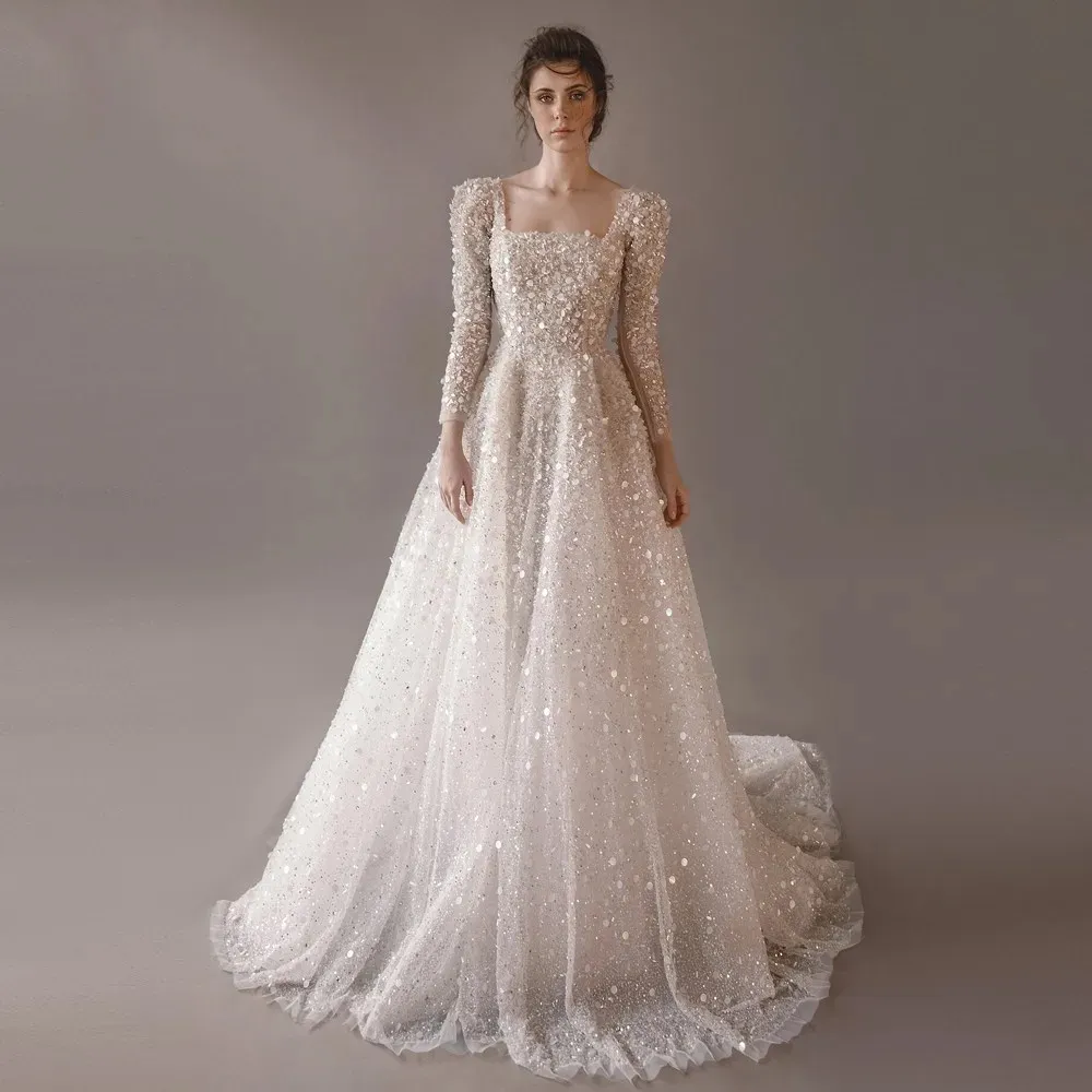 Une ligne De luxe robe De mariée 2024 col carré manches longues perles dentelle paillettes mariée robes formelles robes De Novia