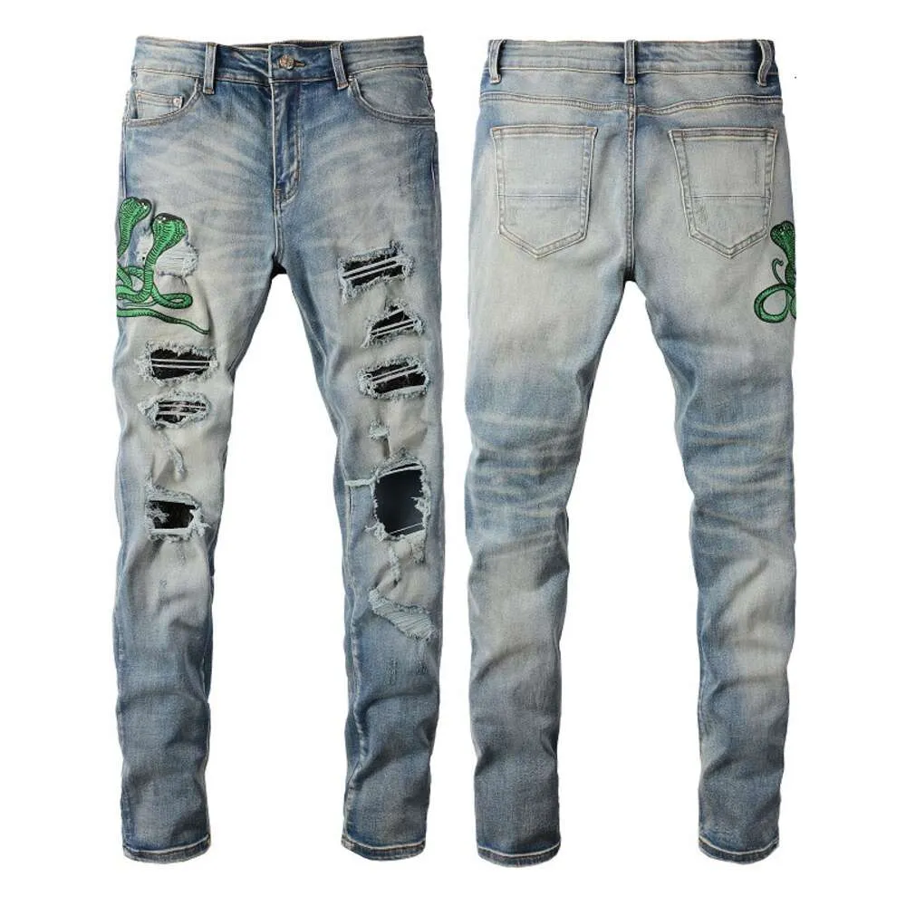 Pantalones de diseñador para hombre Jeans morados Amris 6561 Bordado de moda Cobra Hole Patch Jeans Elástico Slim High Street Denim