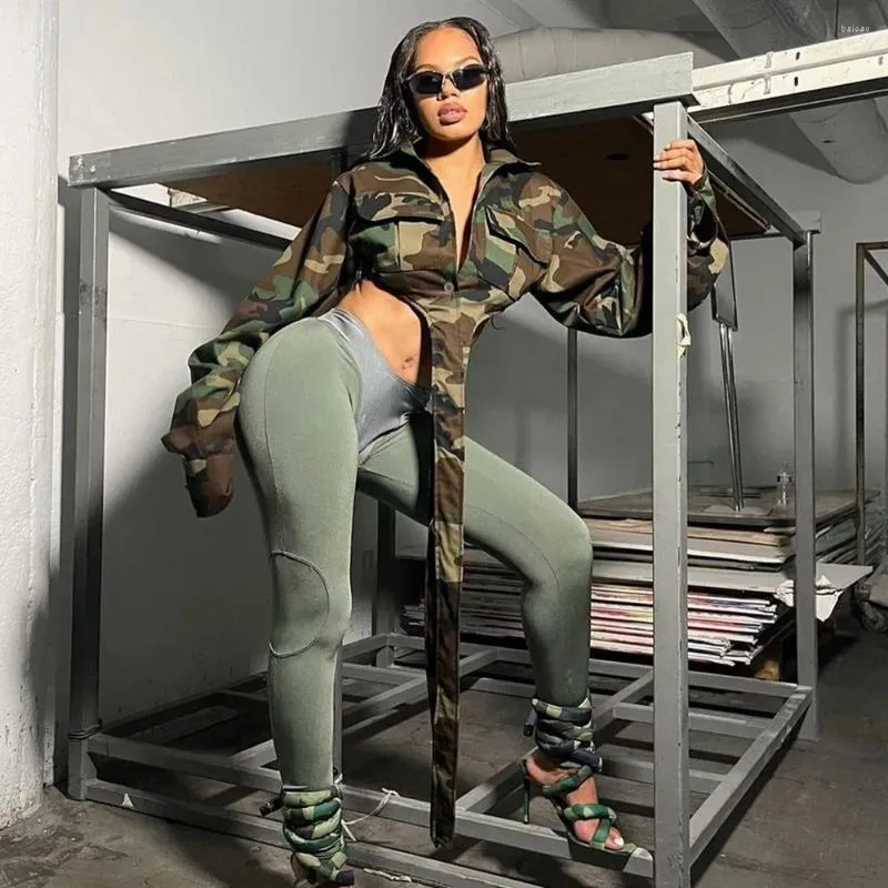 Giacche da donna Camouflage Personalizzato Crop Top Sexy Giacca streetwear per le donne Bavero Maniche lunghe Monopetto Cappotto corto a nastro