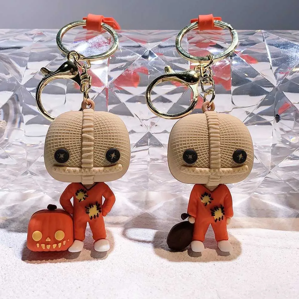 Nyckelringar trick r Treat KeyChain Classic Prank Pumpkin Boy Doll Figur Keyrbag Pendent Car Key Chian Accessory Toy Gift for Kids Men J240108