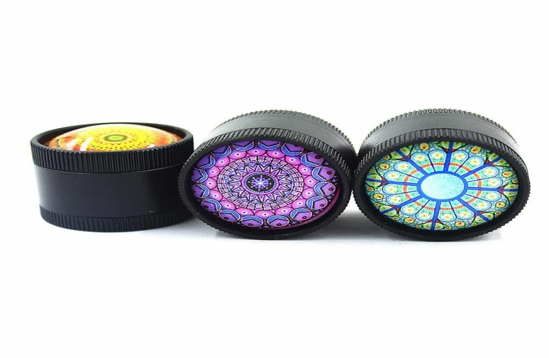 Tobakskross Herb Grinder 3 Piece 30mm 50mm 63mm Zinc Eloy Attraktiv färgad 3D Decal Top Pollen Press Catcher Metal Grinders3488620