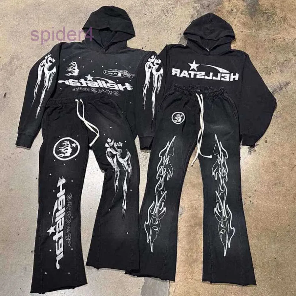 Rock Hip Hop Street Hellstar Hoodies Set Washed Flame Letter Print Hooded Pullover Män Kvinnor överdimensionerade helvete stjärna tröjor T Down1996 L O E P7S4