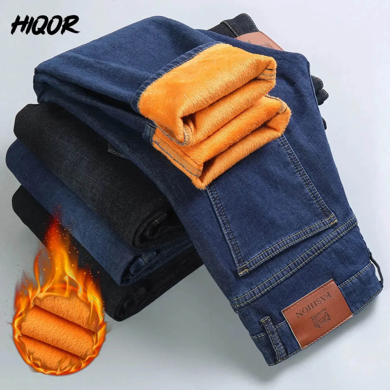 Hiqor inverno quente lã jeans masculino clássico reto preto baggy jeans calças jeans macacão jean algodão y2k estilo homem calças 240108