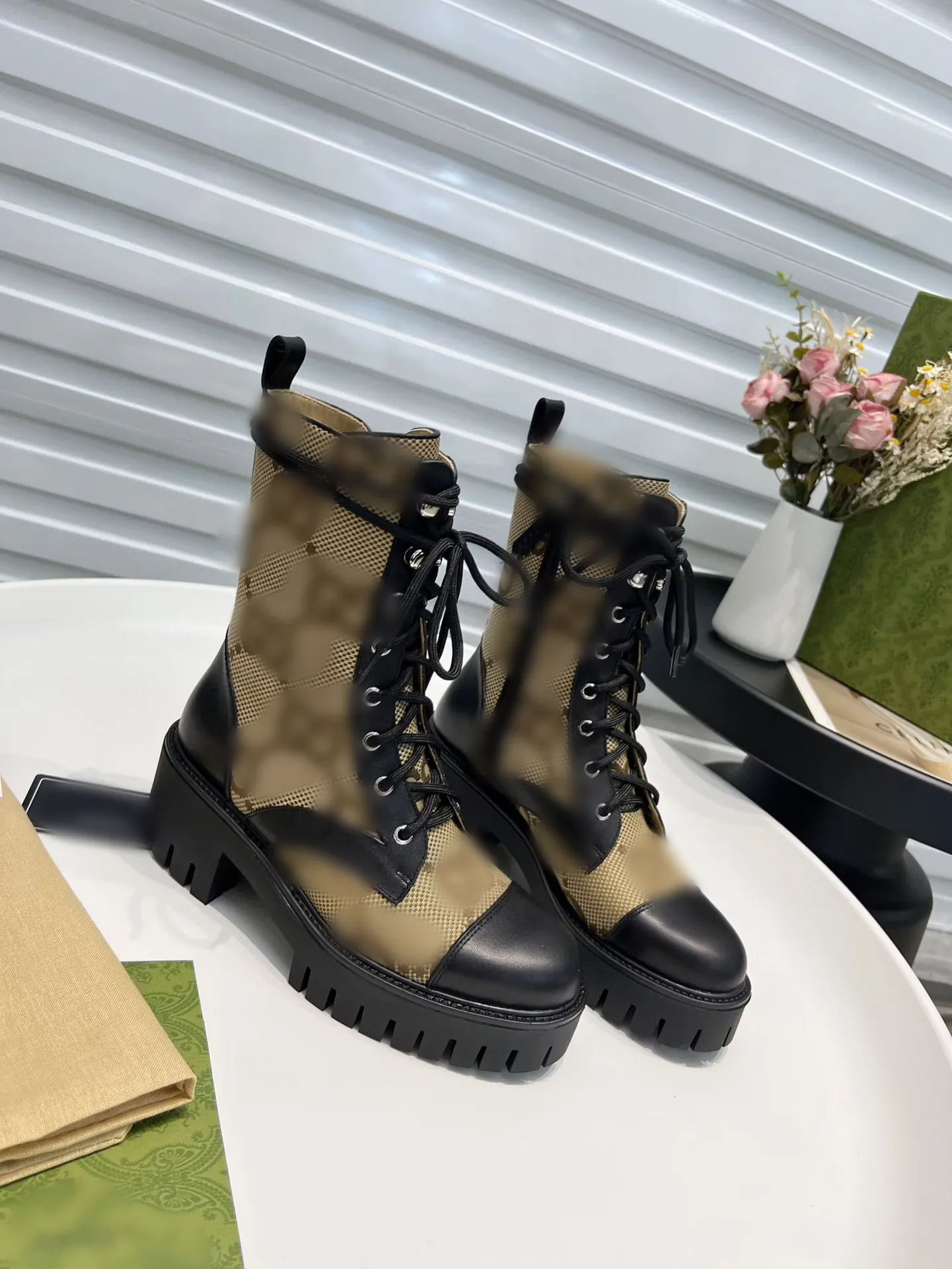 Fashion women designer boots thick sole g letter printed mid calf booties lace up platform black khaki luxury ultra women half boots