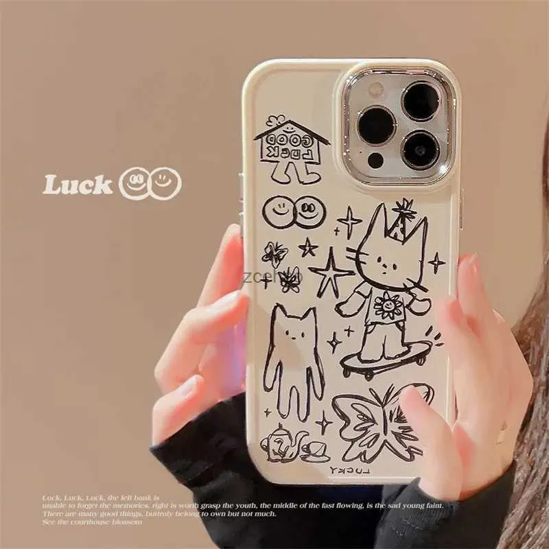 Obudowy telefonu komórkowego dla iPhone'a 11 12 13 14 Pro Max 7 8 Plus Creative Cartoon Rękopis kreskówkowy Cat Butterfly Anti-Fall Case for iPhone X XR ShellL240105