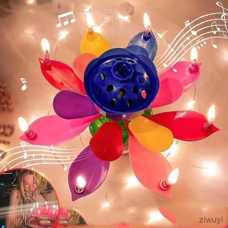 Candele Nuova torta Candela musicale rotante Fiore di loto Lume di candela Festa Buon compleanno Candela nuziale fai da te Decorazione torta Regali 2023