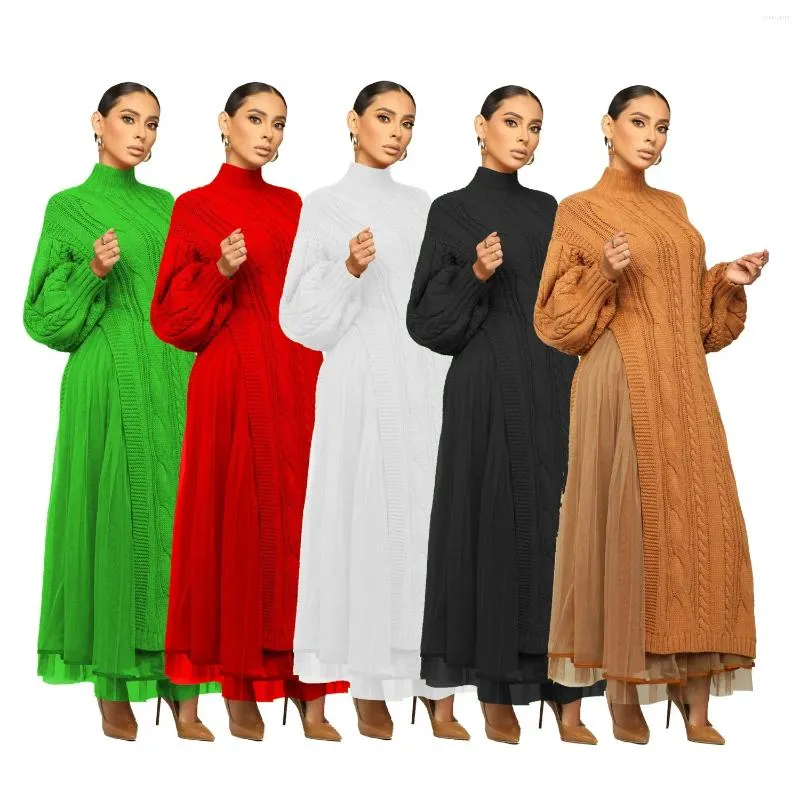 Work Dresses Women Fashion Two Piece Set Solid Turtleneck Long Sleeve Side Split Braid Knitted Sweater Dress Mesh Maxi Skirts Casual Suits