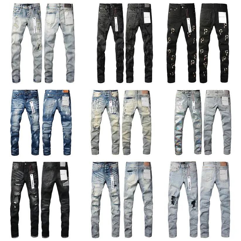 Lila jeans designer mens orolig svart rippad cyklist smal fit motorcykel cyklister denim för mens mode svarta märke byxor