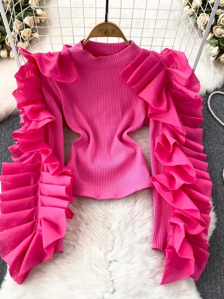 Blusas femininas primavera outono feminino vintage plissado retalhos blusa curta feminino elegante em torno do pescoço manga longa magro rosa vermelho/preto/branco