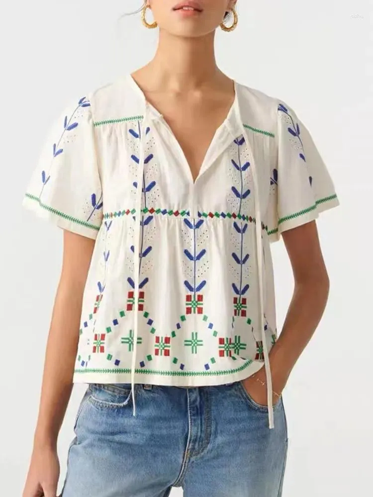 Women's Blouses 2024 Embroidery Hollow Out Shirt Women Lace-up Short Sleeve Ethnic Style Summer Female