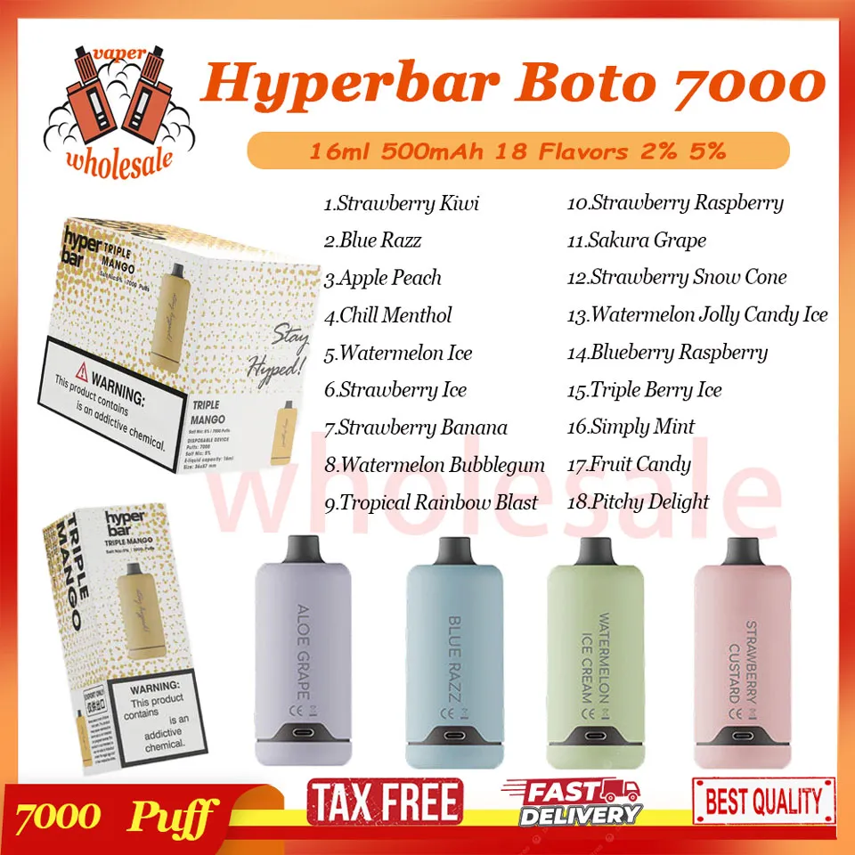 Oryginalny hiperbar Boto 7000 Puff Do dyspozycji Vape Pen 500MAH ładowna cewka z siatki 16 ml wstępnie wypełniona 2% 5% Urządzenie waporyzatorowe E. papieros 18 Smaki 7Kit