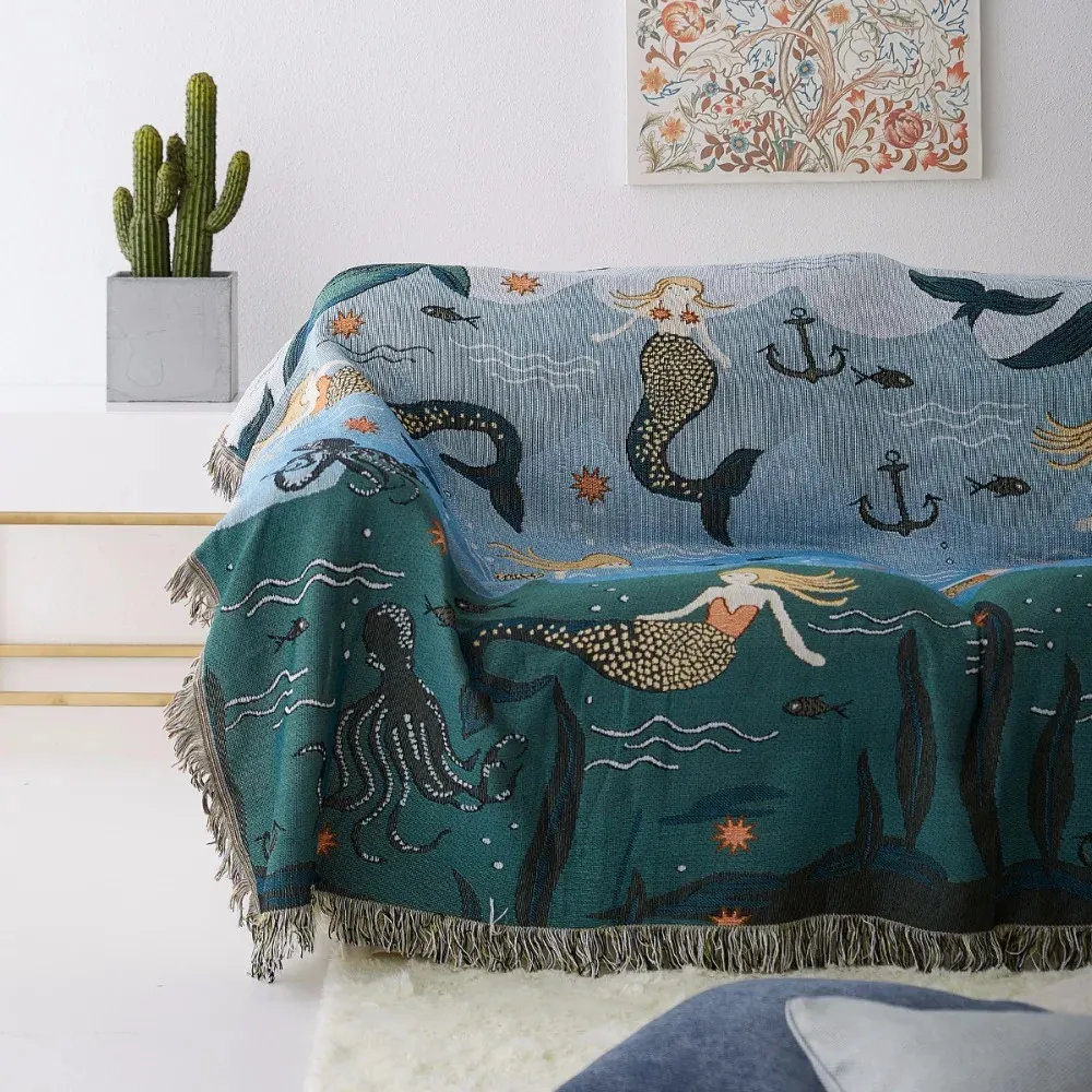 Mermaid Sofa Throw Blanket Knitted Chair Couch Sofa Towel Covers for Living Room Home Decor Printed Slipcover Home Tapestry 240106