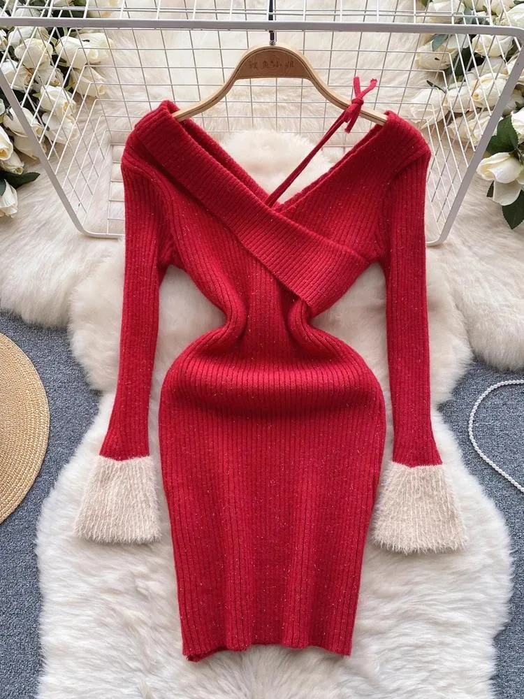 Abiti casual YuooMuoo anno della moda coreana abito da festa rosso autunno inverno manica lunga slim elastico aderente mini abiti streetwear