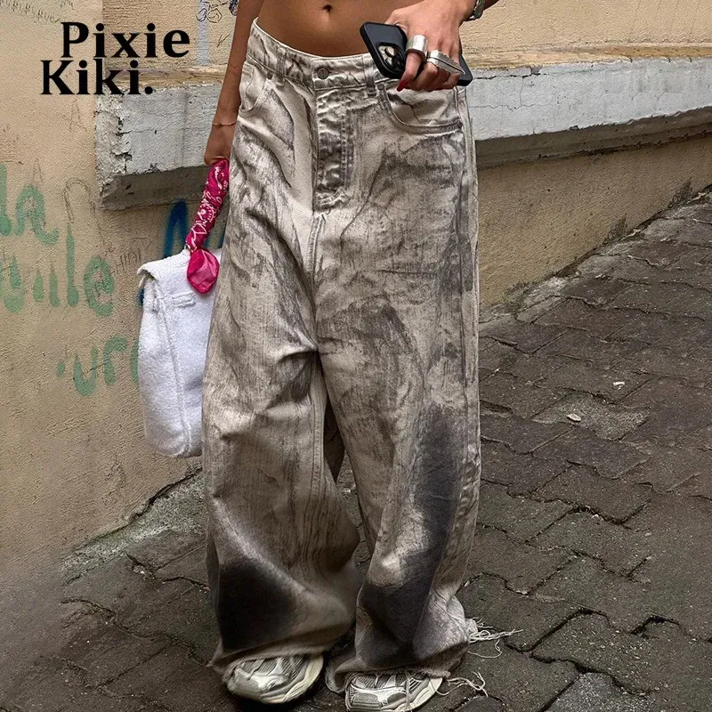 PixieKiki Trashy Y2k Graffiti Délavé Baggy Jeans pour Femmes Streetwear Taille Basse Pantalon Large Pantalon En Denim Gris P67-ED44 240106