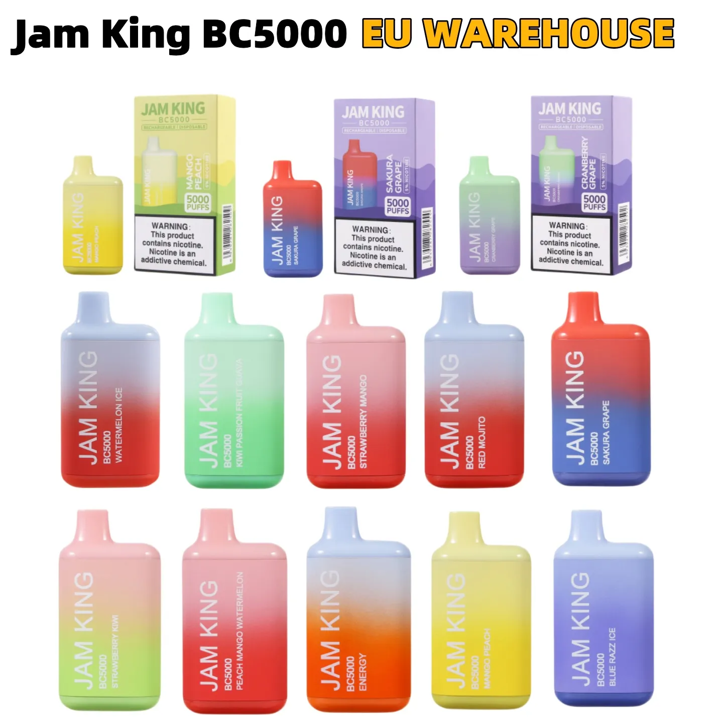 Puff desechable Vape Pen Jam King BC5000 Puffs Elfbar Venta al por mayor Sabores de frutas Vape Mod 13 ml Precargado 650 mAh Batería Pluma 50 mg Recargable