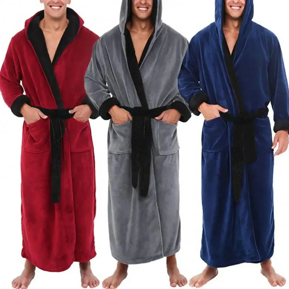 Mens Bathrobe Man Winter Warm Casual Flanell Robe Sleepwear Långärmad Plush Shawl Mane Bath Robe Lounge Nightgown Home kläder 240108
