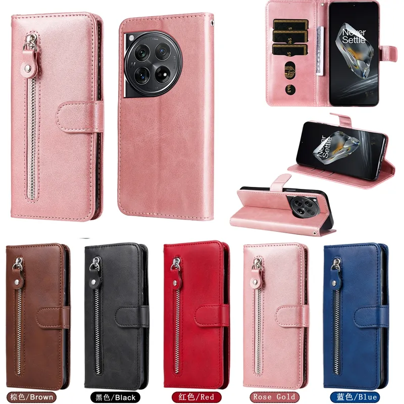 Dragkedja läder plånbokfodral för Google Pixel 9 8 Pro 8a One Plus 12 Redmi K70 K70E A3 Business Coin Credit ID Money Card slot Holder Magnetic Flip Cover Pouch Purse Rem rem