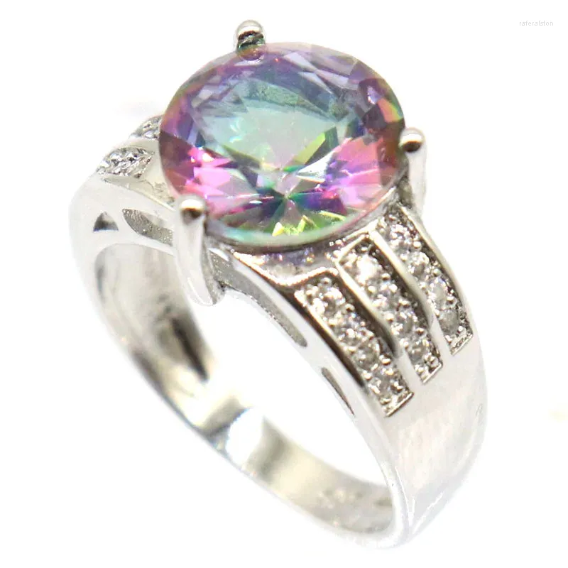 Cluster Rings 13x10mm Ravishing 4.2g Fire Rainbow Mystic Topaz White CZ Women Engagement Silver Wholesale Drop