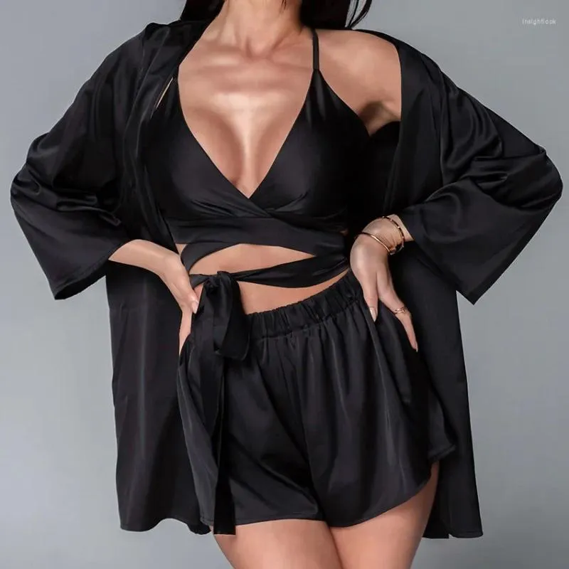 Women's Sleepwear Autumn Sexy Camisole Pajama Three Piece Set Cardigan Long Sleeved Shorts Loose Silky Disfraz Mujeres