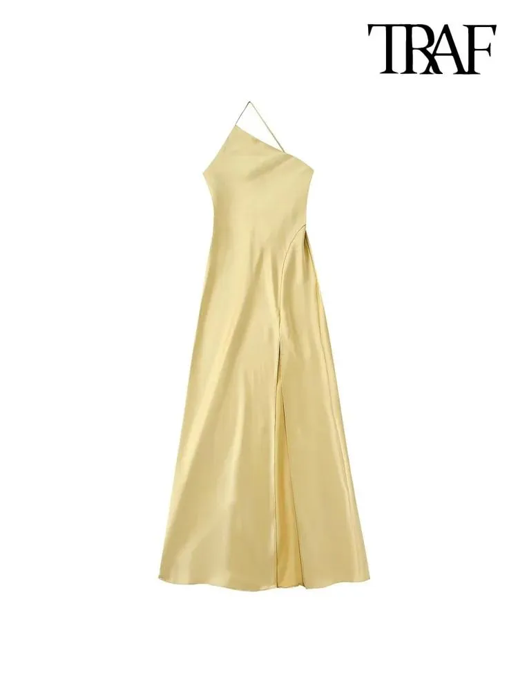 Jurk Traf Damesmode Slit Zoom Asymmetrische Satijnen Maxi-jurk Vintage Backless Verstelbare Bandjes Vrouwelijke Jurken Vestidos Mujer