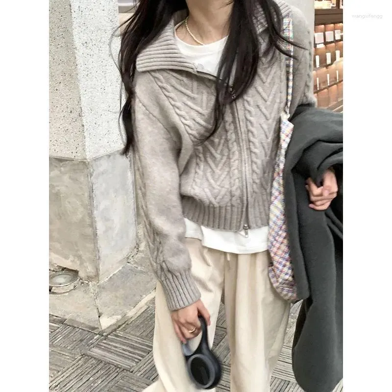 Женские свитера Deeptown, винтажный серый кардиган на молнии, женские повседневные вязаные куртки в корейском стиле, элегантный эстетичный трикотаж «старые деньги»