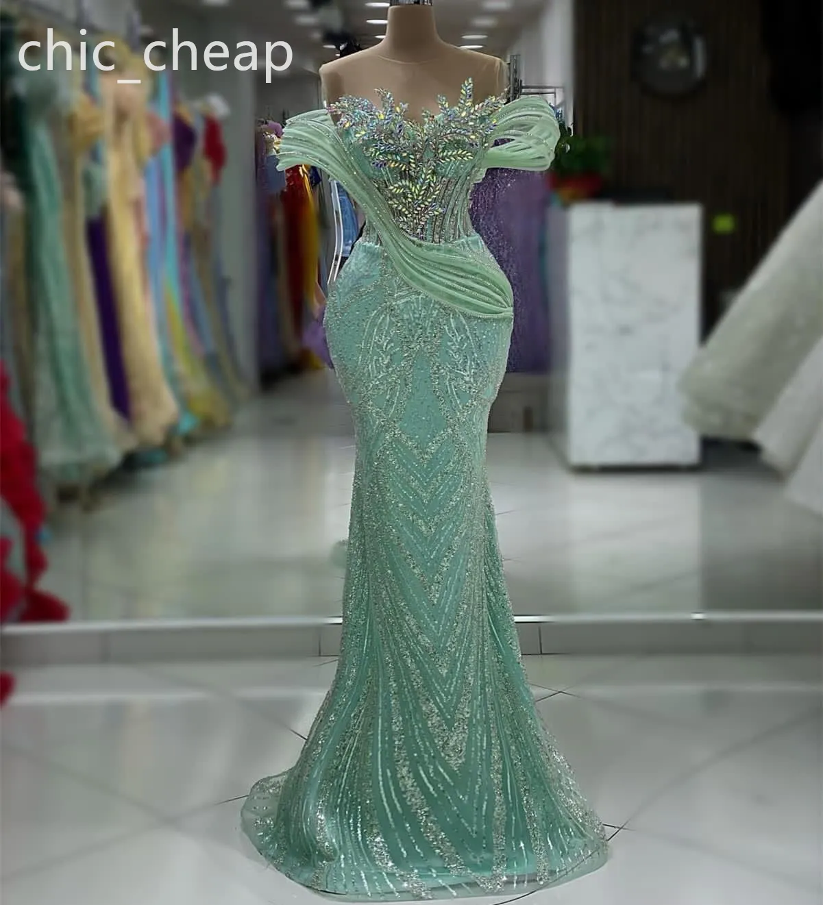 2024 Aso Ebi Mint Sheer Neck Sirena Vestido de fiesta Cristales con cuentas Noche Fiesta formal Segunda recepción Cumpleaños Vestidos de compromiso Vestidos Robe De Soiree ZJ414