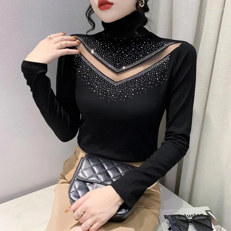 Women's T Shirts 2024 Spring Autumn Turtleneck Long Sleeved S Fashion Casual Diamond Hollow Out Black Mesh Tops