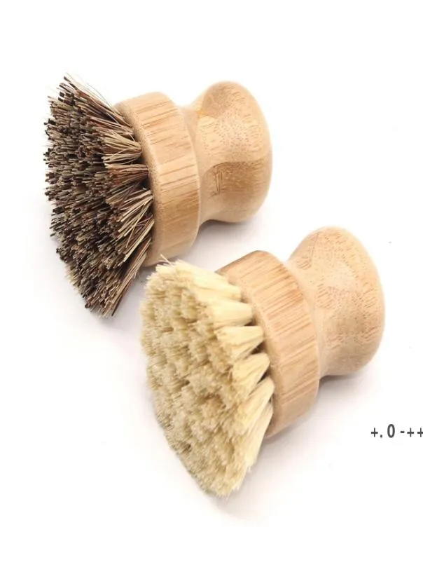 Brosse ronde en bois manche Pot plat ménage Sisal palmier bambou tâches de cuisine frotter brosses de nettoyage mer RRB123591398528