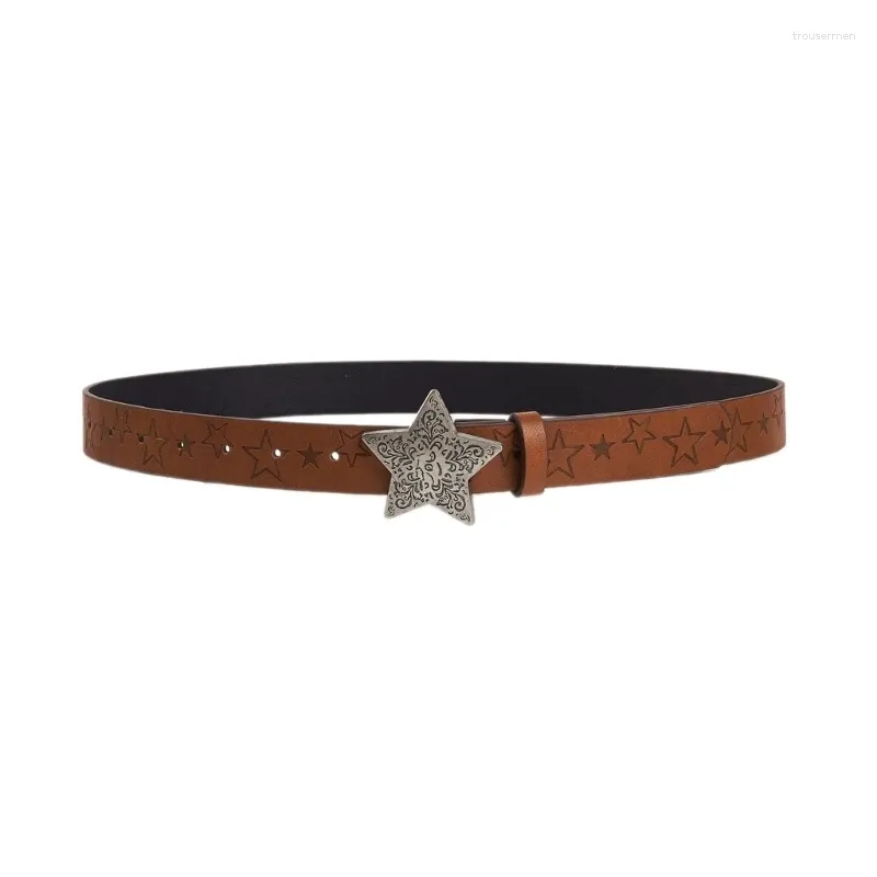 Bälten Kvinnor Jeans graverade midjebältet Western Cowboy Cowgirl Vintage Faux Leather med stjärnmönster Buckle midjeband