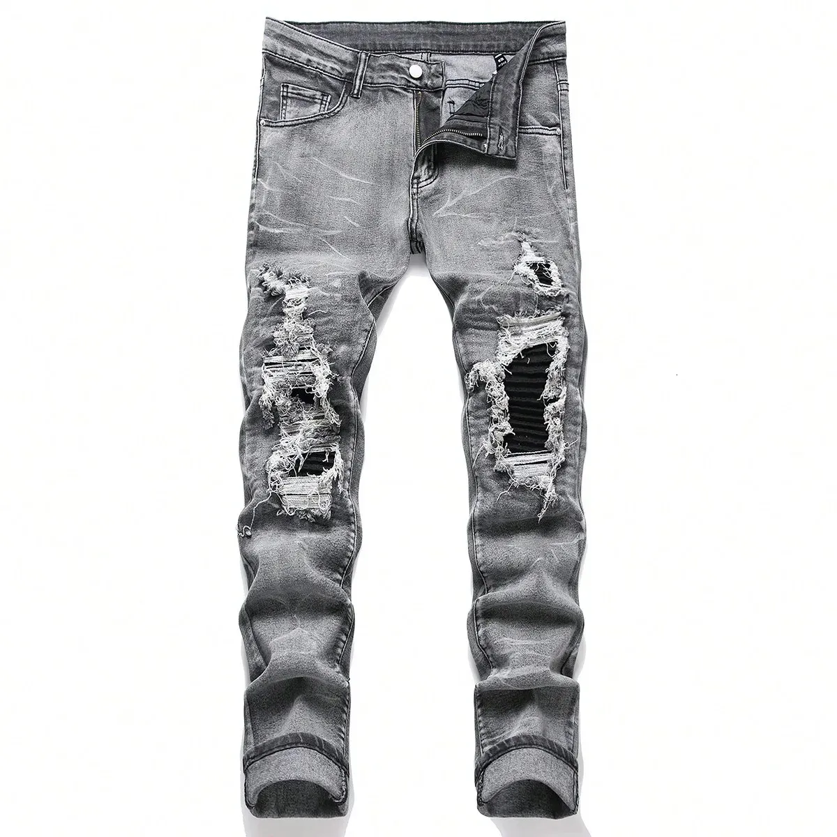 Мужские эластичные джинсы из денима, уличная одежда с рваными лоскутными отверстиями, рваные джинсовые брюки с эластичной резинкой на талии, облегающие прямые брюки 240108
