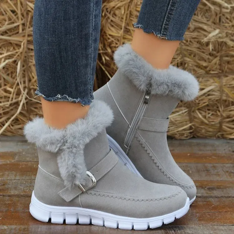 Inverno feminino pele quente chelsea botas de neve sapatos casuais curto pelúcia camurça tornozelo apartamentos gladiador esporte senhoras botas mujer 240108