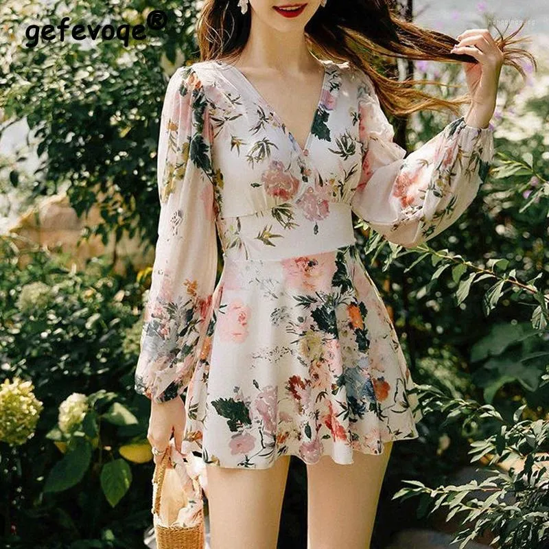 Mulheres Swimwear Mulheres Floral Impresso Cintura Alta Elegante Moda Um Peça Vestido Maiô V Pescoço Manga Longa Praia Férias Banheiras