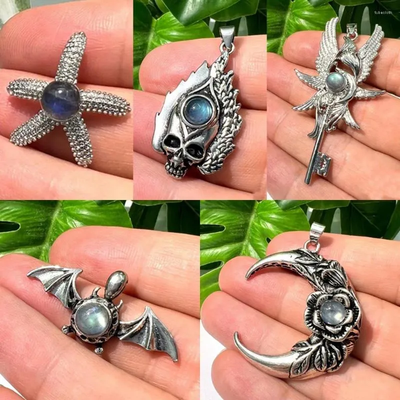 Colares Pingente Antigo Prata Banhado Natural Moonstone Animal Morcego Lua Crânio Anjo Chave Starfish Stone Chain Colar Mulheres Jóias