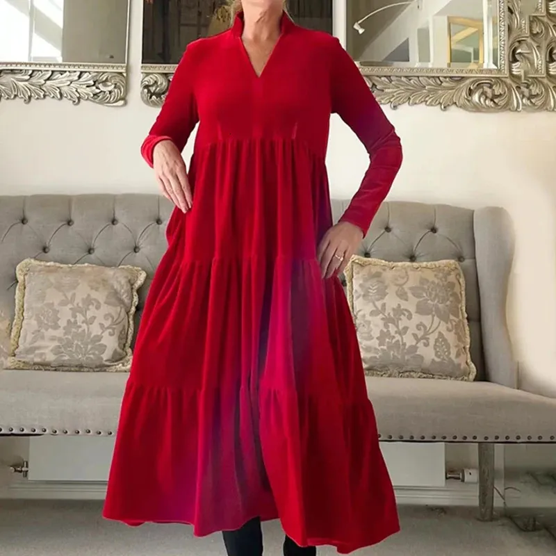 Robe trapèze de vacances à la mode et simple, jupe longue élégante de couleur unie, manches longues, taille haute, robe laquée plissée pour femmes 240108